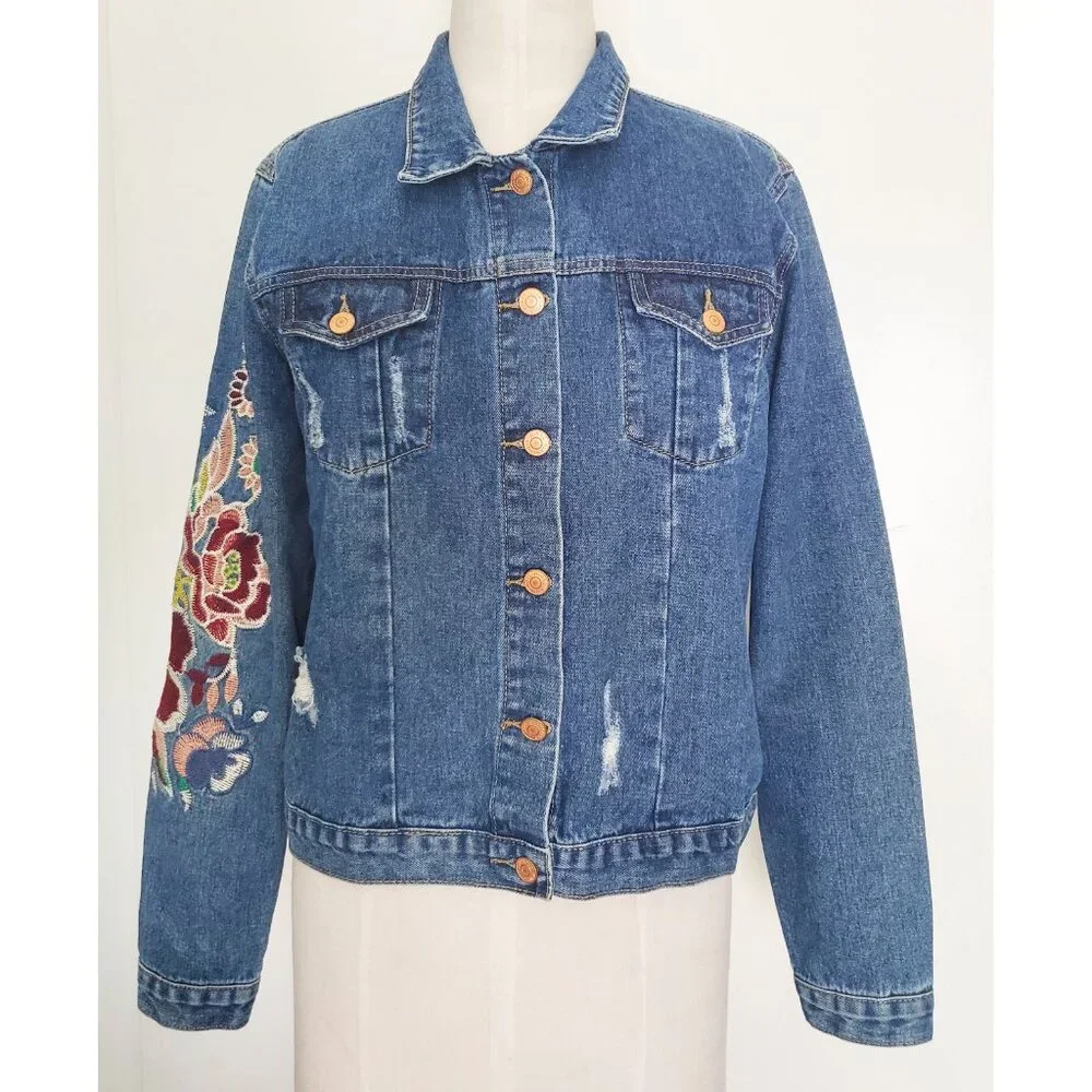 Glamorous Womens Denim Jean Jacket with Floral Embroidery 14